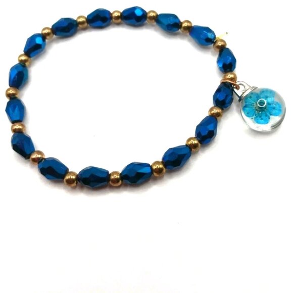 Blue + Gold Beaded Flower Stretch Stretchy Bracelet - Picture 5 of 9